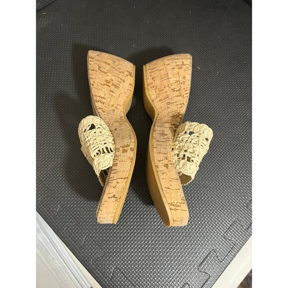 Y2K 2000s Mudd cream cork wedge sandals iridescent sequin flower embroidered 10 - Picture 5 of 9